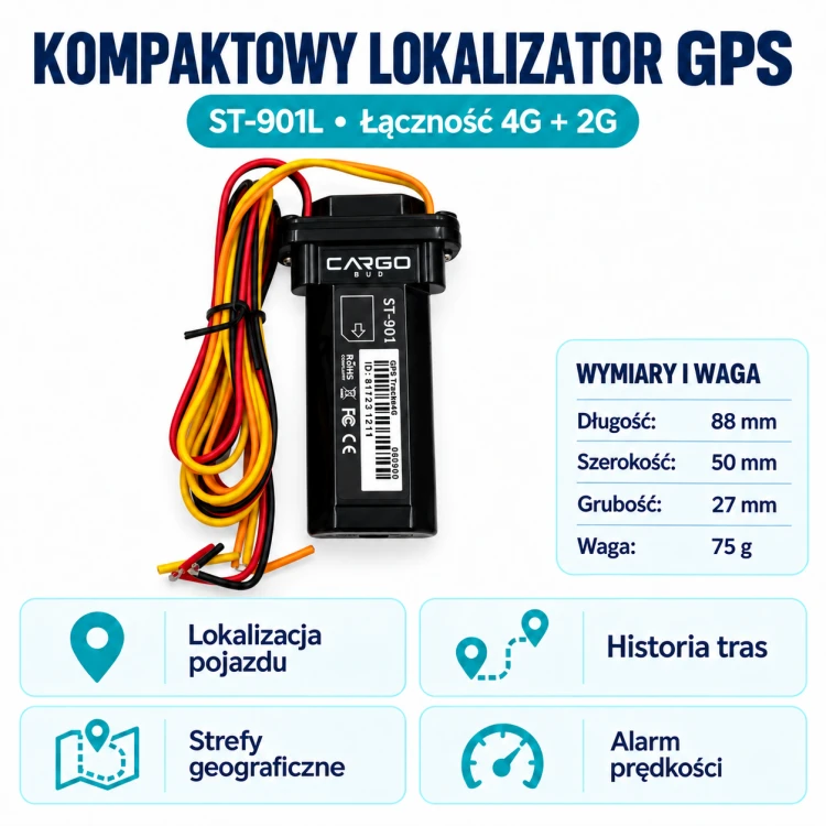 Lokalizator GPS do Samochodu Motocykla Łodzi 4G Tracker Odcięcie Paliwa Aplikacja SIM M2M Polska EU Świat