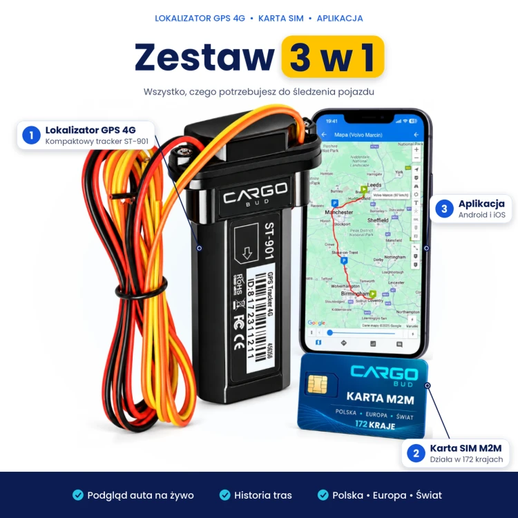 Lokalizator GPS do Samochodu Motocykla Łodzi 4G Tracker Odcięcie Paliwa Aplikacja SIM M2M Polska EU Świat