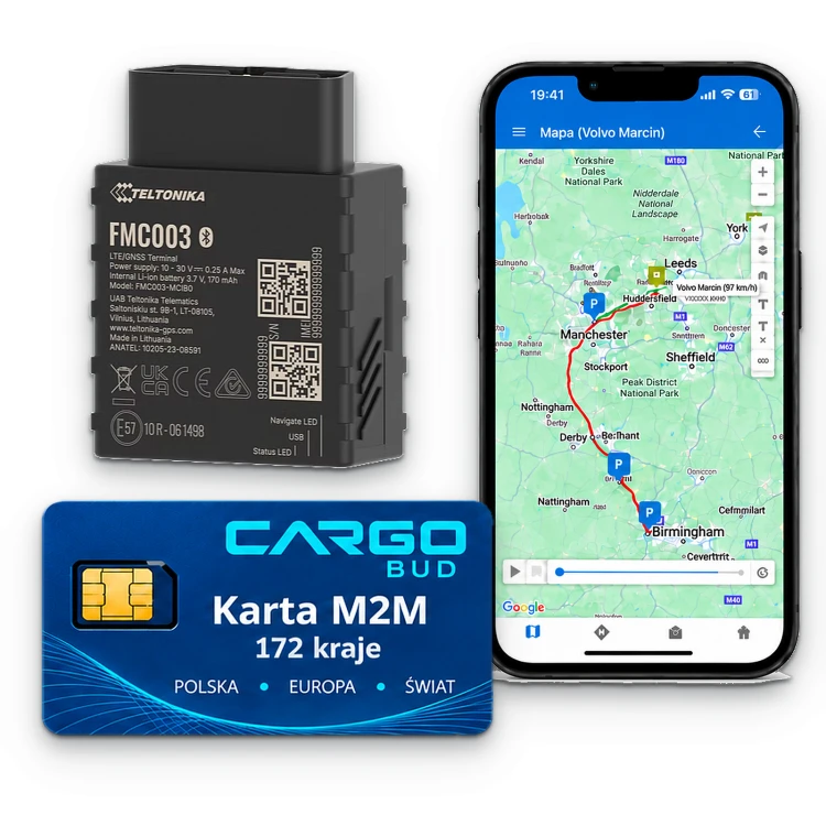 Lokalizator GPS do samochodu Teltonika FMC003 OBD2 4G LTE – karta SIM M2M, aplikacja CargoGPS, Polska/UE/świat